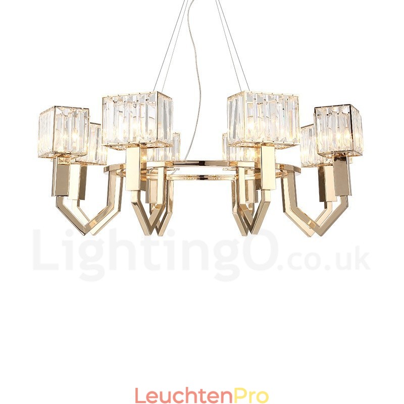 Moderne zeitgenössische 8-flammige Pendelleuchte aus Stahl mit Kristallschirm