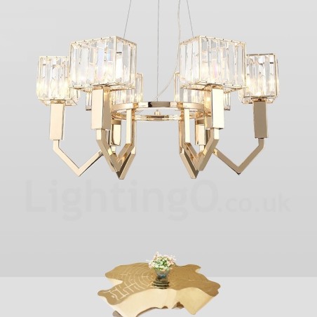 Moderne zeitgenössische 6-flammige Pendelleuchte aus Stahl mit Kristallschirm Moderne zeitgenössische 6-flammige Pendelleuchte aus Stahl mit Kristallschirm