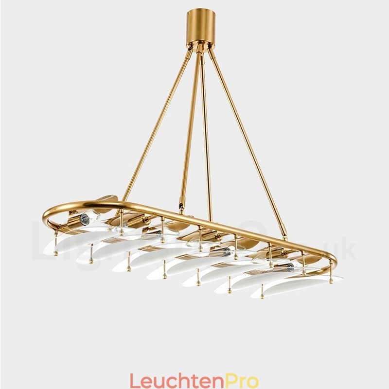 Moderne zeitgenössische 9-flammige Pendelleuchte aus Messing mit Glasschirm