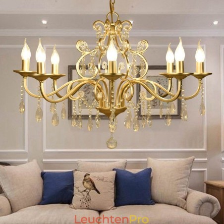 Rustikaler Kronleuchter „Lodge“, 8 Lichter, Kristallstahl, mit Stoffschirm Rustikaler Kronleuchter „Lodge“, 8 Lichter, Kristallstahl, mit Stoffschirm