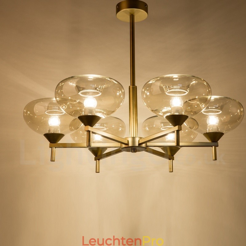 Moderner zeitgenössischer Kronleuchter mit 6 Lichtern aus Aluminiumlegierung und Glasschirm
