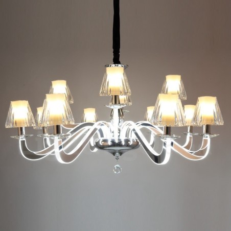 Dimmbarer moderner zeitgenössischer Kronleuchter aus Stahl mit 12 Lichtern und Glasschirm Dimmbarer moderner zeitgenössischer Kronleuchter aus Stahl mit 12 Lichtern und Glasschirm