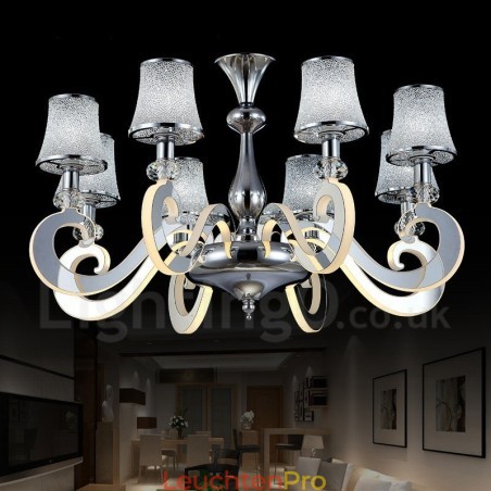Dimmbarer moderner zeitgenössischer Kronleuchter aus Stahl mit 8 Lichtern und Glasschirm Dimmbarer moderner zeitgenössischer Kronleuchter aus Stahl mit 8 Lichtern und Glasschirm