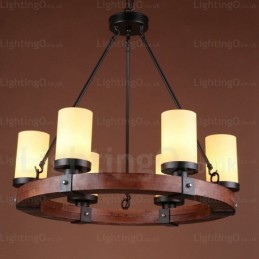 Rustikale Pendelleuchte im Landhausstil mit 6 Lichtern und Glasschirm