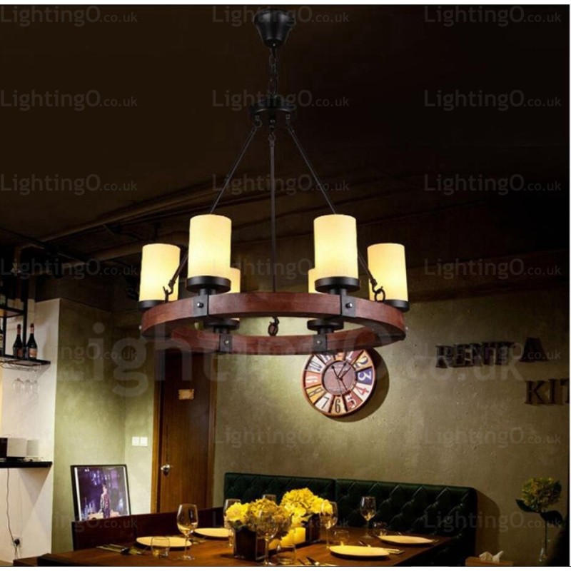 Rustikale Pendelleuchte im Landhausstil mit 6 Lichtern und Glasschirm