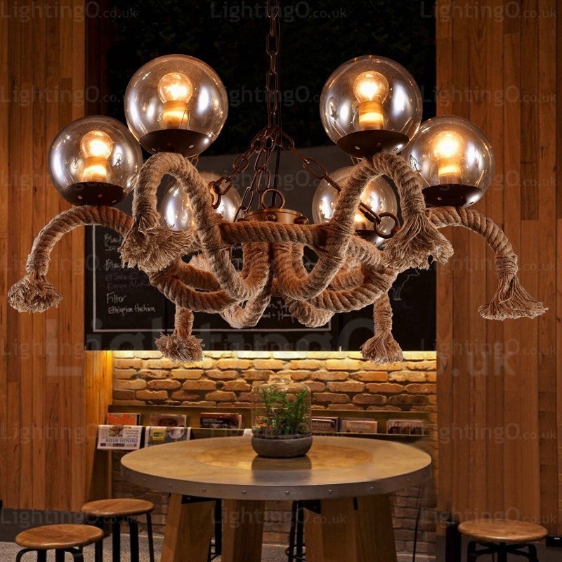 6-flammige Vintage-Retro-Pendelleuchte mit Glasschirm