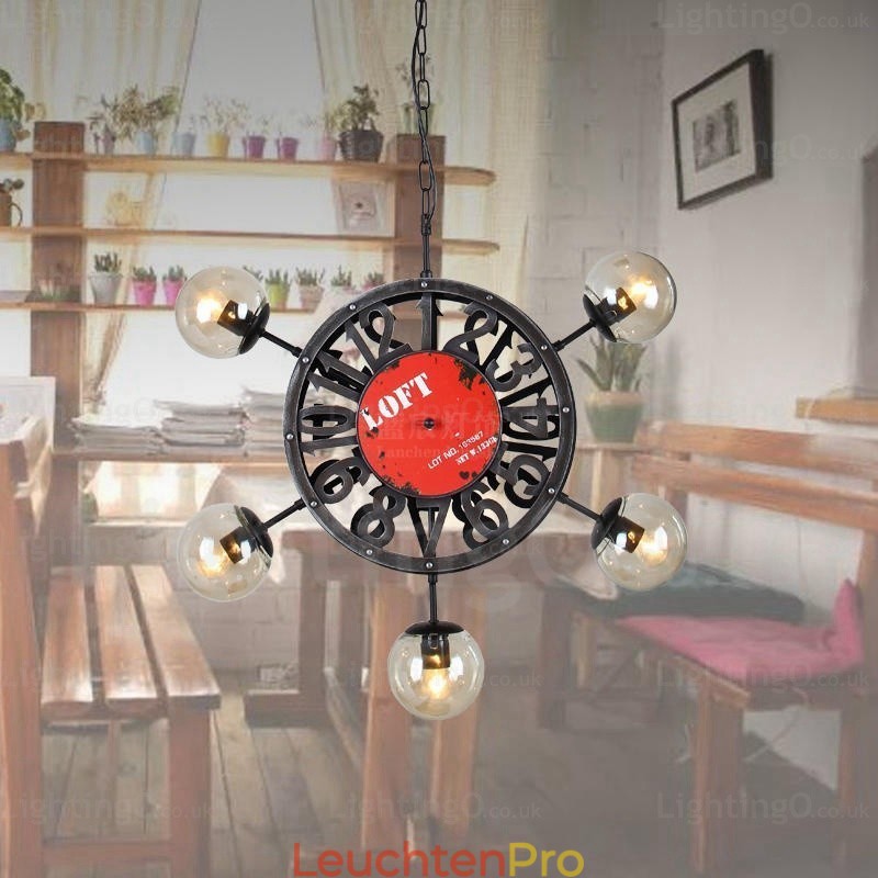 5-flammige Vintage-Retro-Pendelleuchte mit Glasschirm