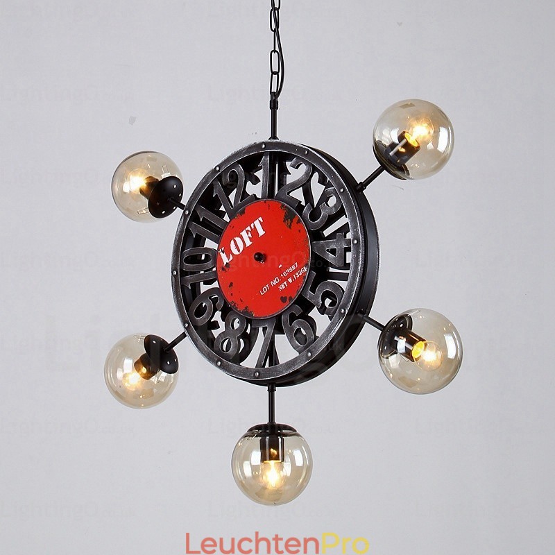 5-flammige Vintage-Retro-Pendelleuchte mit Glasschirm