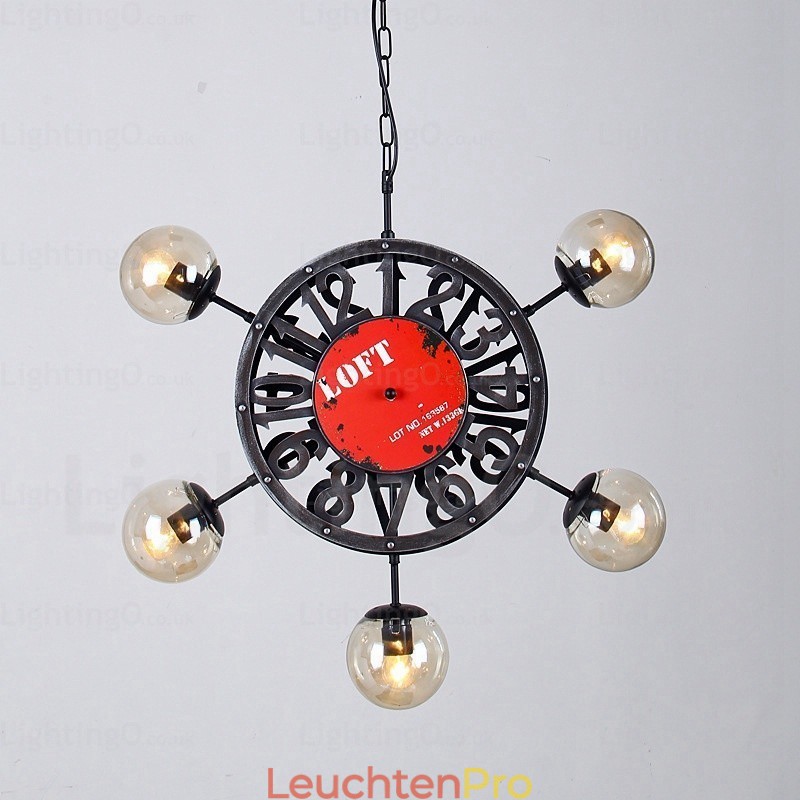 5-flammige Vintage-Retro-Pendelleuchte mit Glasschirm