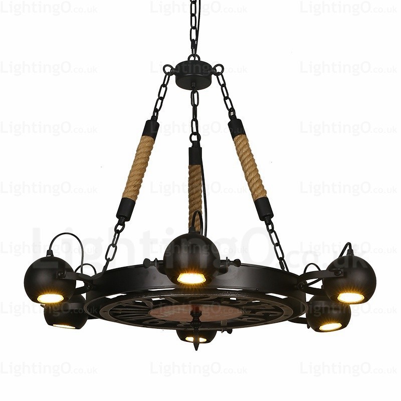 6-flammige Vintage-Retro-Pendelleuchte mit Edelstahlschirm