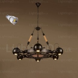 6-flammige Vintage-Retro-Pendelleuchte mit Edelstahlschirm