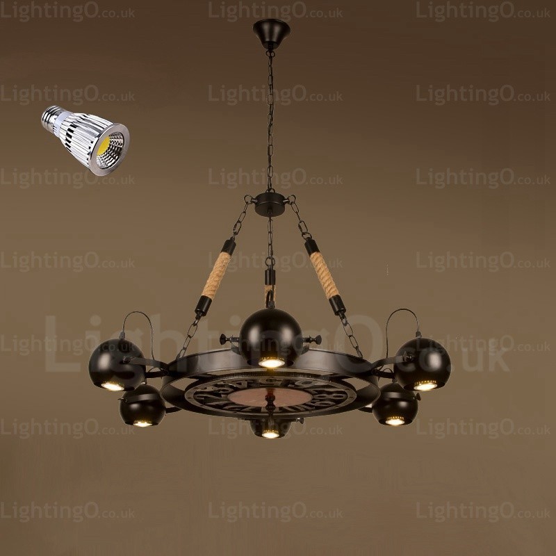 6-flammige Vintage-Retro-Pendelleuchte mit Edelstahlschirm