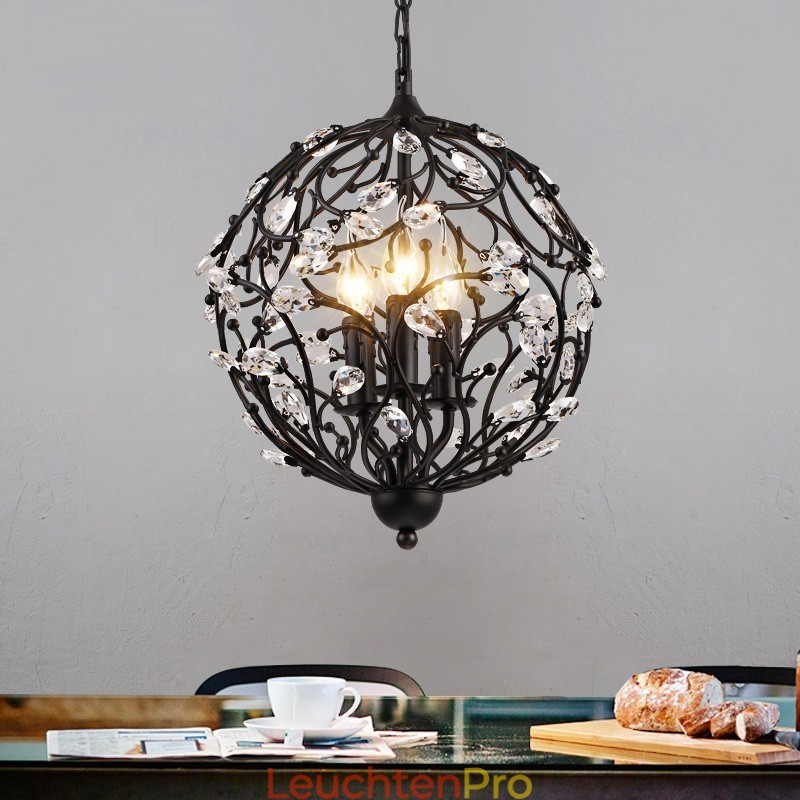 3-flammige Vintage Retro Kugel-Kristall-Pendelleuchte