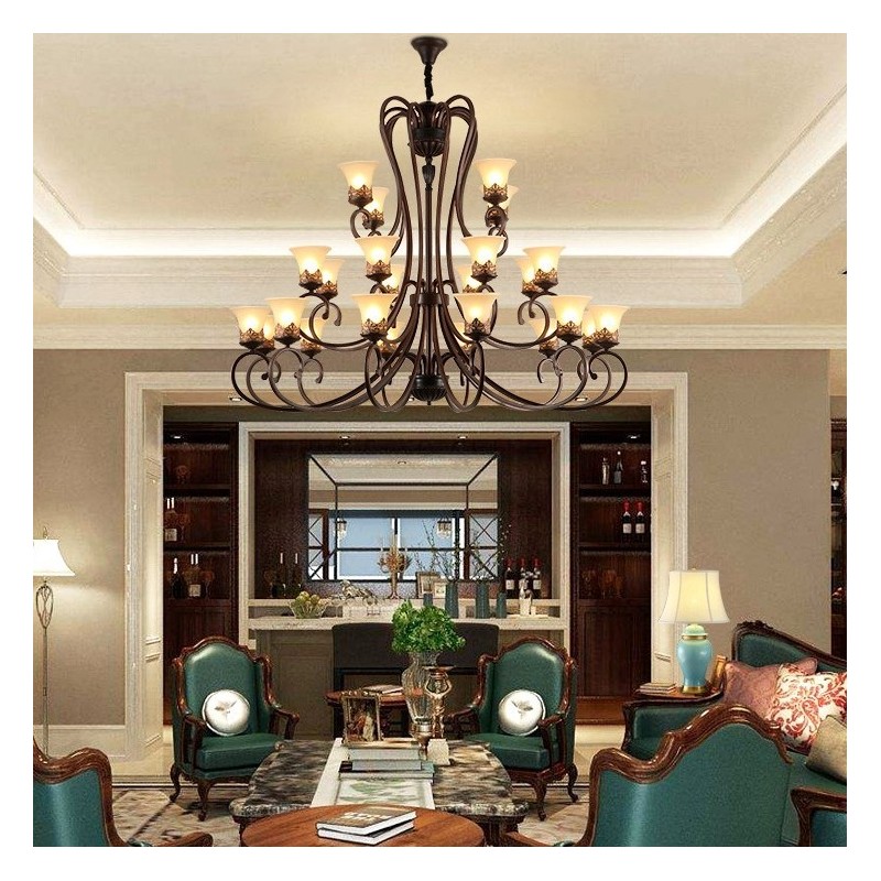 24 Lichter Hohe Decke Vintage Country Island Malerei Metall Kronleuchter mit Glasschirmen Hohe Decke