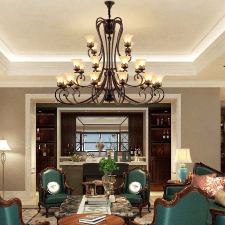 24 Lichter Hohe Decke Vintage Country Island Malerei Metall Kronleuchter mit Glasschirmen Hohe Decke