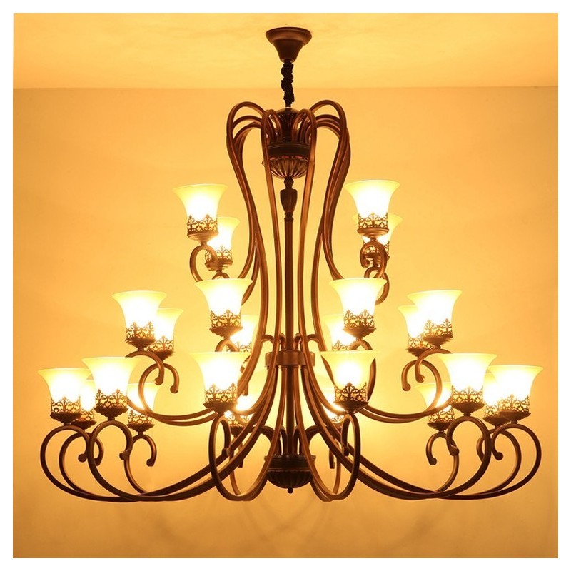 24 Lichter Hohe Decke Vintage Country Island Malerei Metall Kronleuchter mit Glasschirmen Hohe Decke