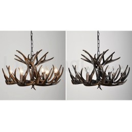 6-flammiger rustikaler, künstlerischer Retro-Kronleuchter im Geweih-Stil in Schwarz