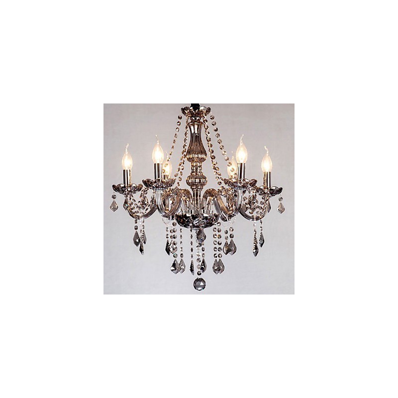 6 Lichter Europäischer Kristall-Kronleuchter in grauem Glas und Kristall