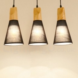 Moderne Pendelleuchte aus Holz mit 1 Licht und 3 Lichtern und Stoffschirm