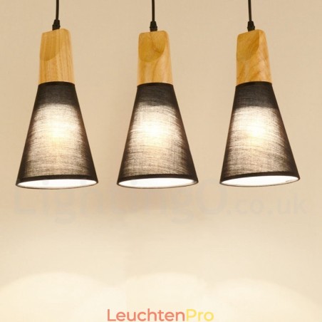 Moderne Pendelleuchte aus Holz mit 1 Licht und 3 Lichtern und Stoffschirm Moderne Pendelleuchte aus Holz mit 1 Licht und 3 Lichtern und Stoffschirm