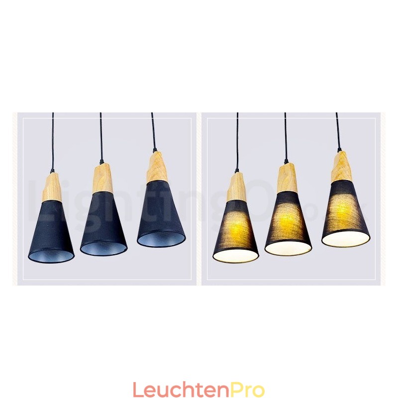 Moderne Pendelleuchte aus Holz mit 1 Licht und 3 Lichtern und Stoffschirm