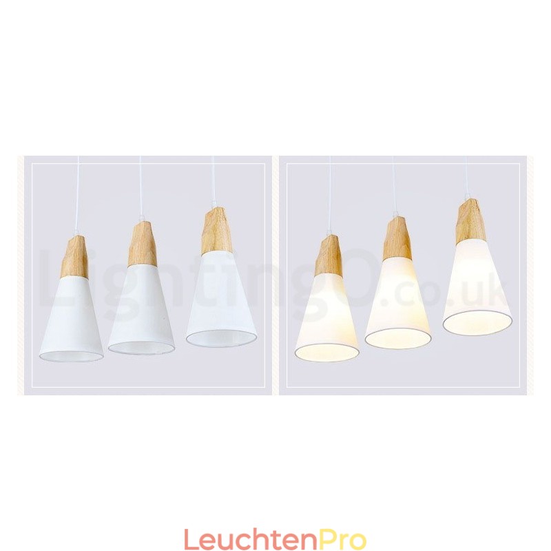 Moderne Pendelleuchte aus Holz mit 1 Licht und 3 Lichtern und Stoffschirm