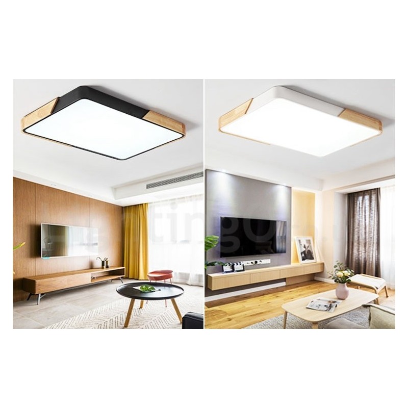 Dimmbare ultradünne mehrfarbige rechteckige Deckenleuchte aus Holz mit Acrylschirm, Deckenlampe im nordischen Stil