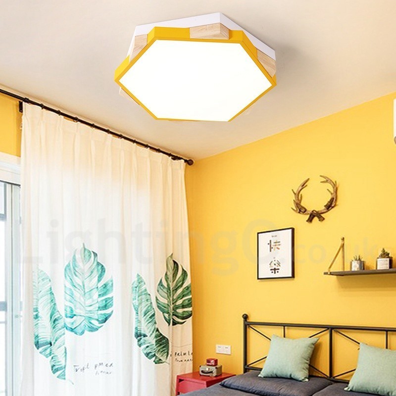 Dimmbare mehrfarbige sechseckige Deckenleuchte aus Holz mit Acrylschirm, Deckenlampe im nordischen Stil