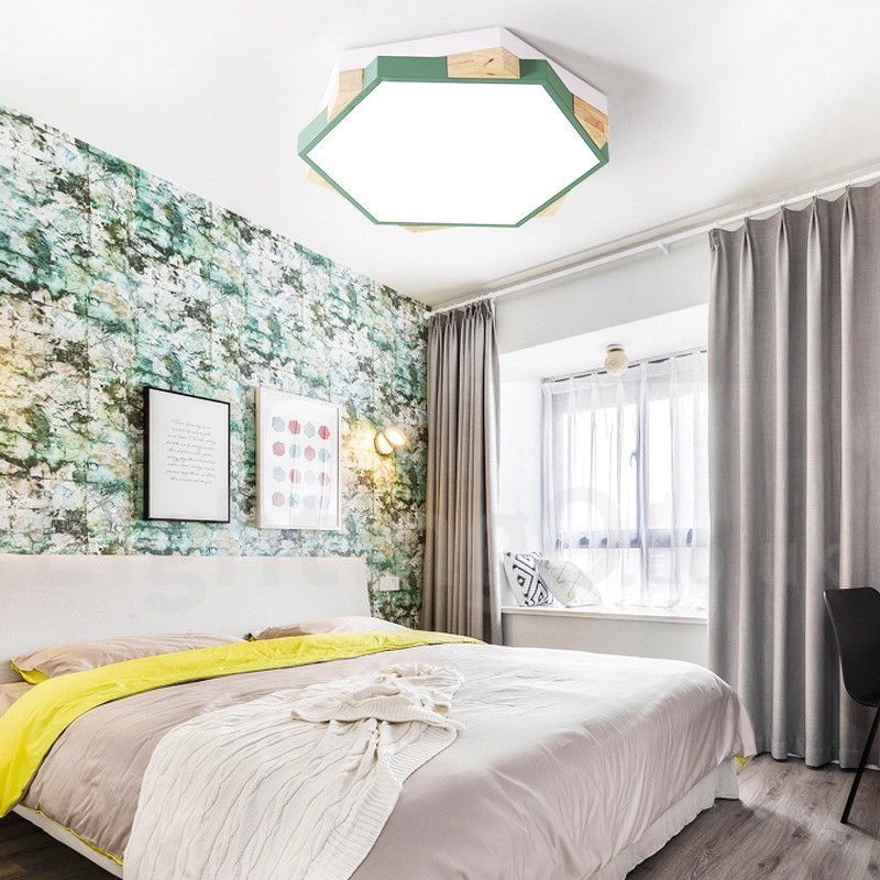 Dimmbare mehrfarbige sechseckige Deckenleuchte aus Holz mit Acrylschirm, Deckenlampe im nordischen Stil