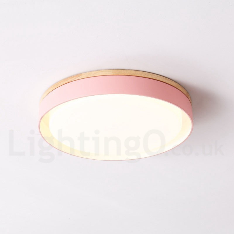 Dimmbare mehrfarbige runde Deckenleuchte aus Holz mit Acrylschirm, Deckenlampe im nordischen Stil