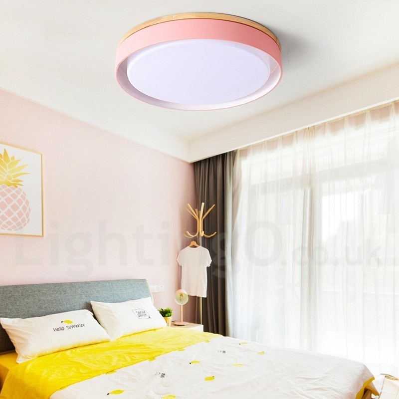 Dimmbare mehrfarbige runde Deckenleuchte aus Holz mit Acrylschirm, Deckenlampe im nordischen Stil