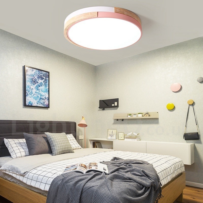 Dimmbare mehrfarbige runde Deckenleuchte aus Holz mit Acrylschirm, Deckenlampe im nordischen Stil