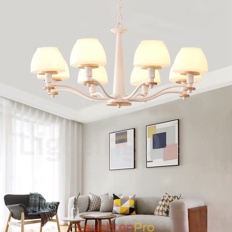 6-flammig 8-flammig Mehrfarbig Macaron Holz Pendelleuchte mit Glasschirmen Kronleuchter Nordischer Stil