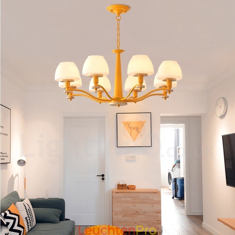 6-flammig 8-flammig Mehrfarbig Macaron Holz Pendelleuchte mit Glasschirmen Kronleuchter Nordischer Stil