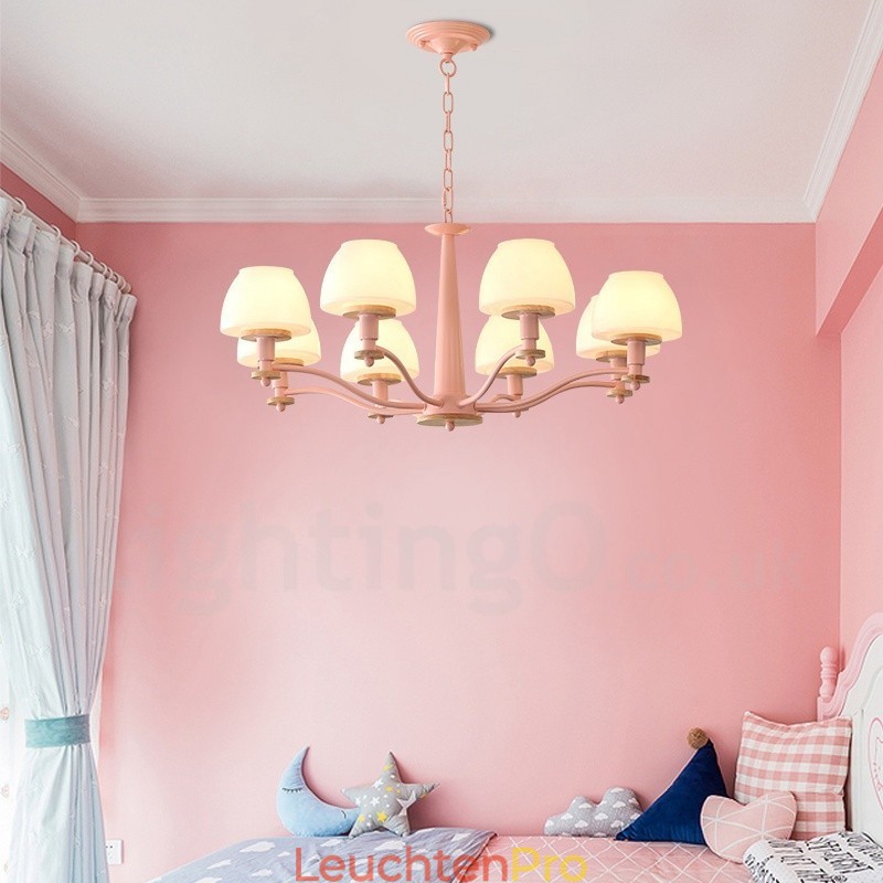 6-flammig 8-flammig Mehrfarbig Macaron Holz Pendelleuchte mit Glasschirmen Kronleuchter Nordischer Stil