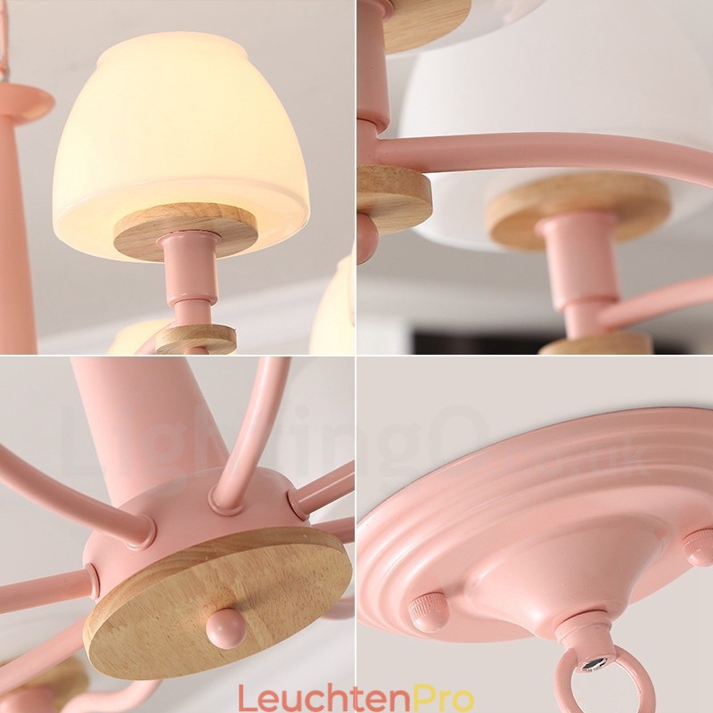 6-flammig 8-flammig Mehrfarbig Macaron Holz Pendelleuchte mit Glasschirmen Kronleuchter Nordischer Stil