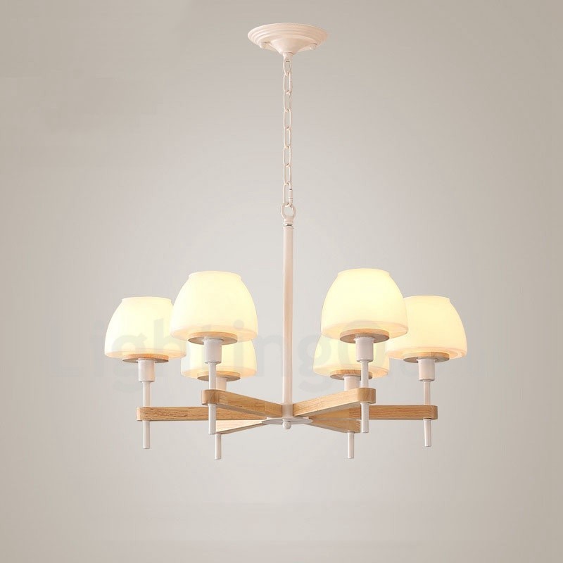 6-flammig 8-flammig Mehrfarbig Macaron Holz Pendelleuchte mit Glasschirmen Kronleuchter Nordischer Stil