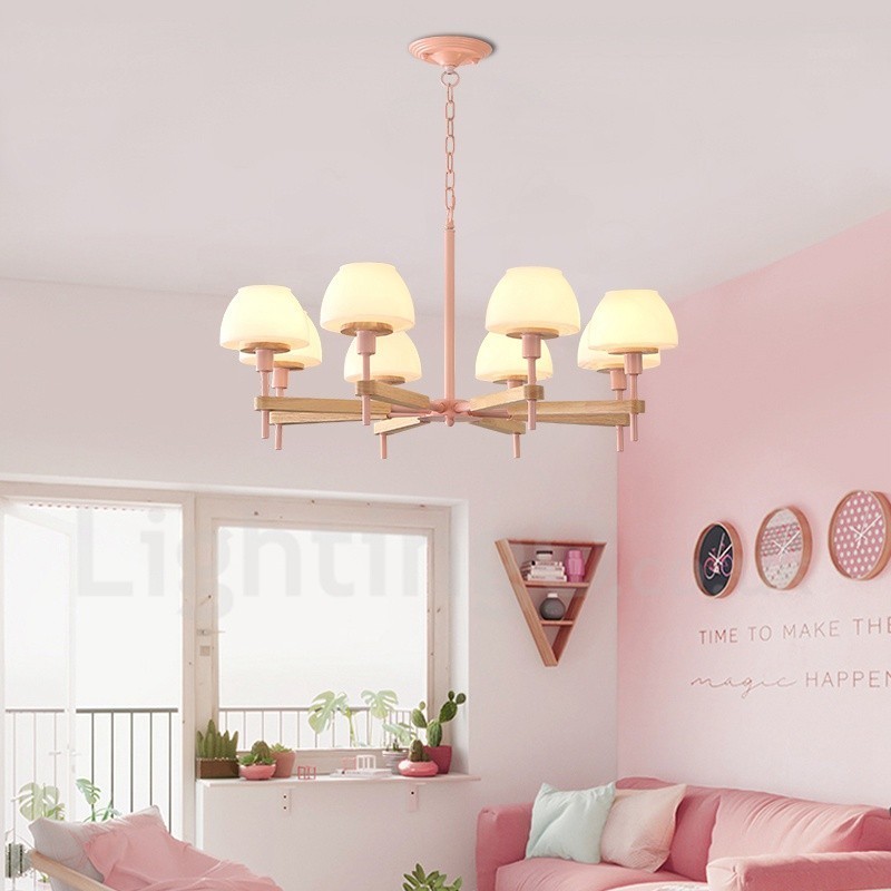6-flammig 8-flammig Mehrfarbig Macaron Holz Pendelleuchte mit Glasschirmen Kronleuchter Nordischer Stil