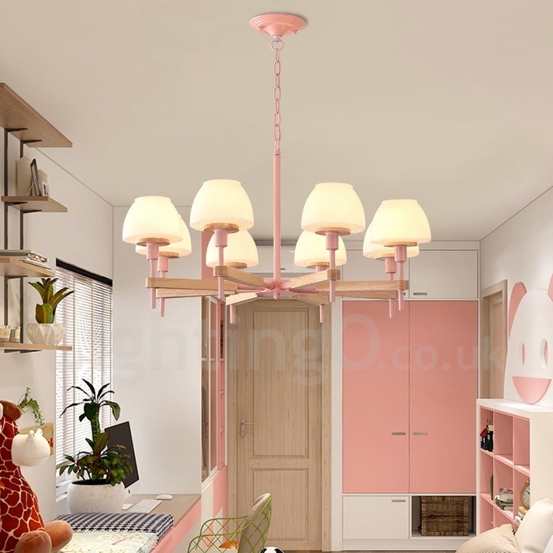 6-flammig 8-flammig Mehrfarbig Macaron Holz Pendelleuchte mit Glasschirmen Kronleuchter Nordischer Stil