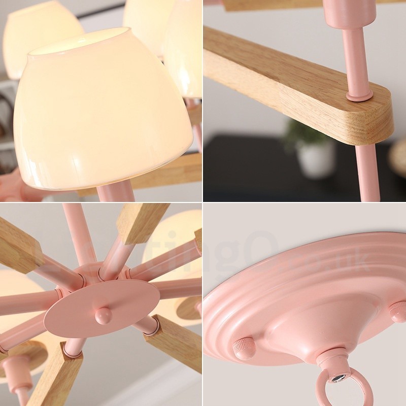6-flammig 8-flammig Mehrfarbig Macaron Holz Pendelleuchte mit Glasschirmen Kronleuchter Nordischer Stil