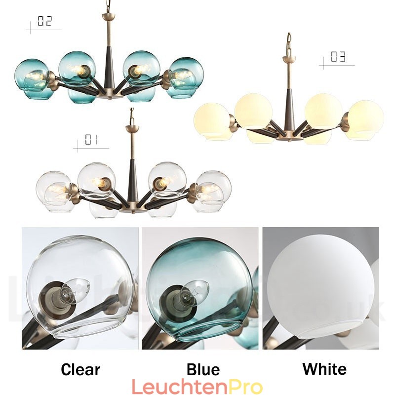 Rustikaler Kronleuchter im Retro-Vintage-Stil „Magic Bean“ mit mehrfarbigen Glasschirmen