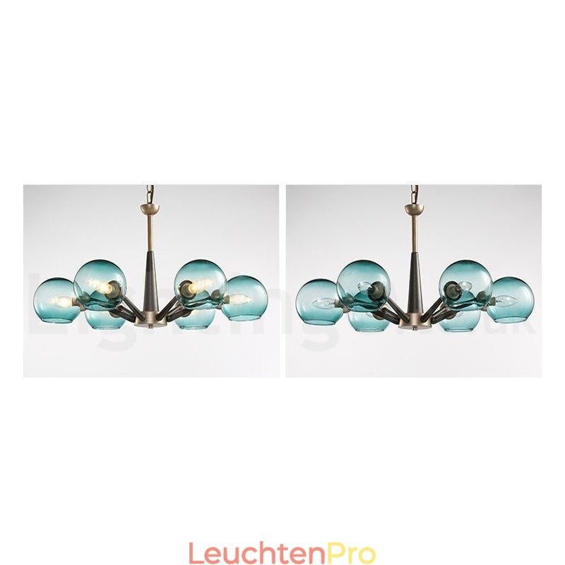 Rustikaler Kronleuchter im Retro-Vintage-Stil „Magic Bean“ mit mehrfarbigen Glasschirmen