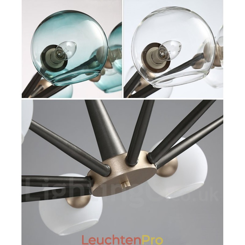 Rustikaler Kronleuchter im Retro-Vintage-Stil „Magic Bean“ mit mehrfarbigen Glasschirmen