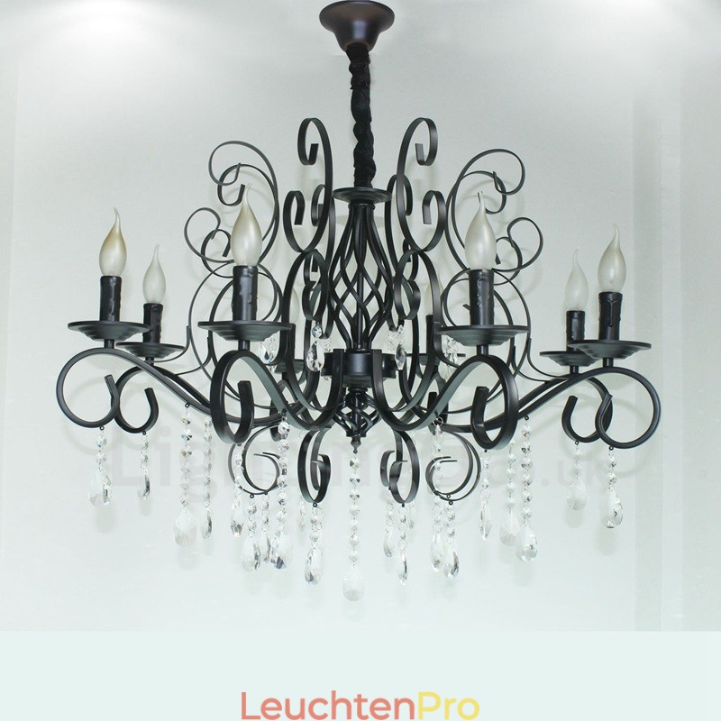 8 Licht Kristall Rustikal Retro Vintage Schwarz Anhänger Kerze Kronleuchter