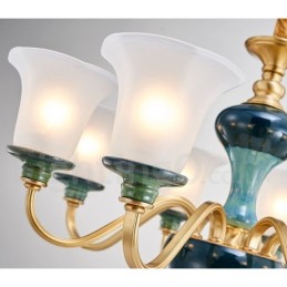 Retro Vintage Messing Keramik Anhänger Kerze Kronleuchter mit Glasschirmen