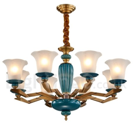 Retro Vintage Messing Keramik Anhänger Kerze Kronleuchter mit Glasschirmen Retro Vintage Messing Keramik Anhänger Kerze Kronleuchter mit Glasschirmen