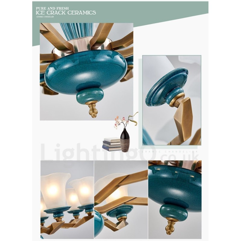 Retro Vintage Messing Keramik Anhänger Kerze Kronleuchter mit Glasschirmen