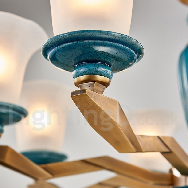 Retro Vintage Messing Keramik Anhänger Kerze Kronleuchter mit Glasschirmen