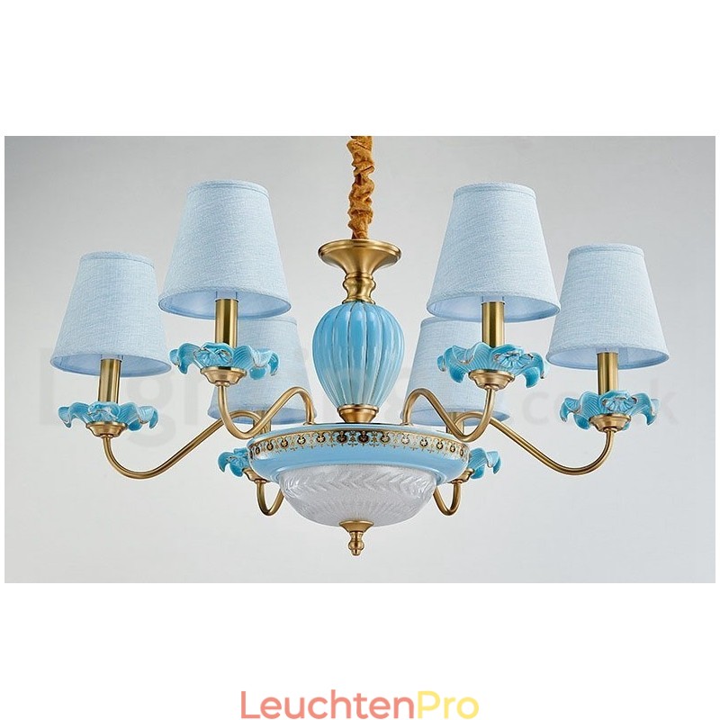 Retro Vintage Messing Keramik Anhänger Kerze Kronleuchter mit blauen Stoffschirmen