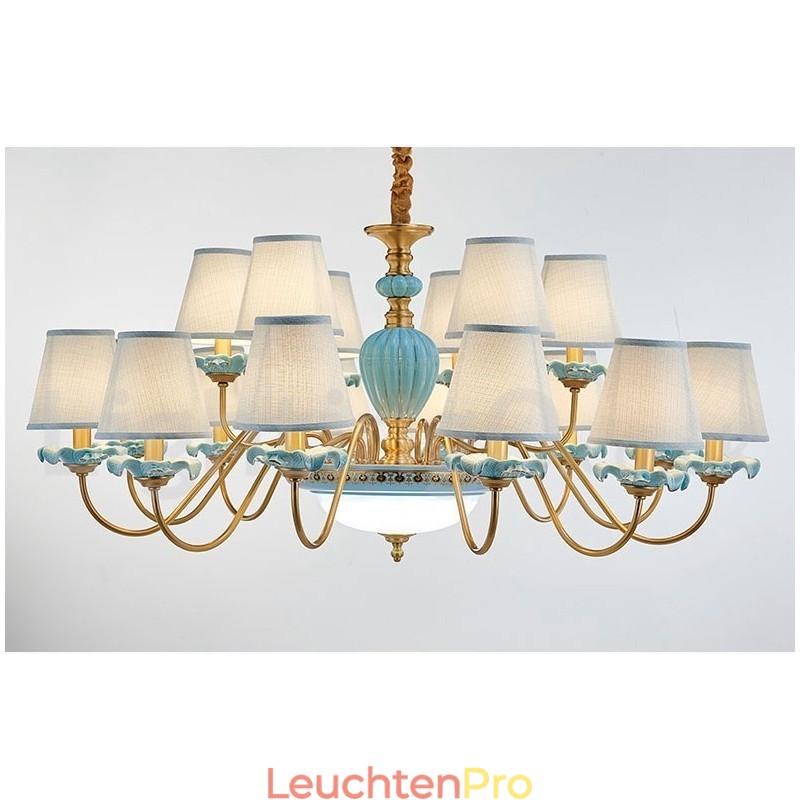 Retro Vintage Messing Keramik Anhänger Kerze Kronleuchter mit blauen Stoffschirmen